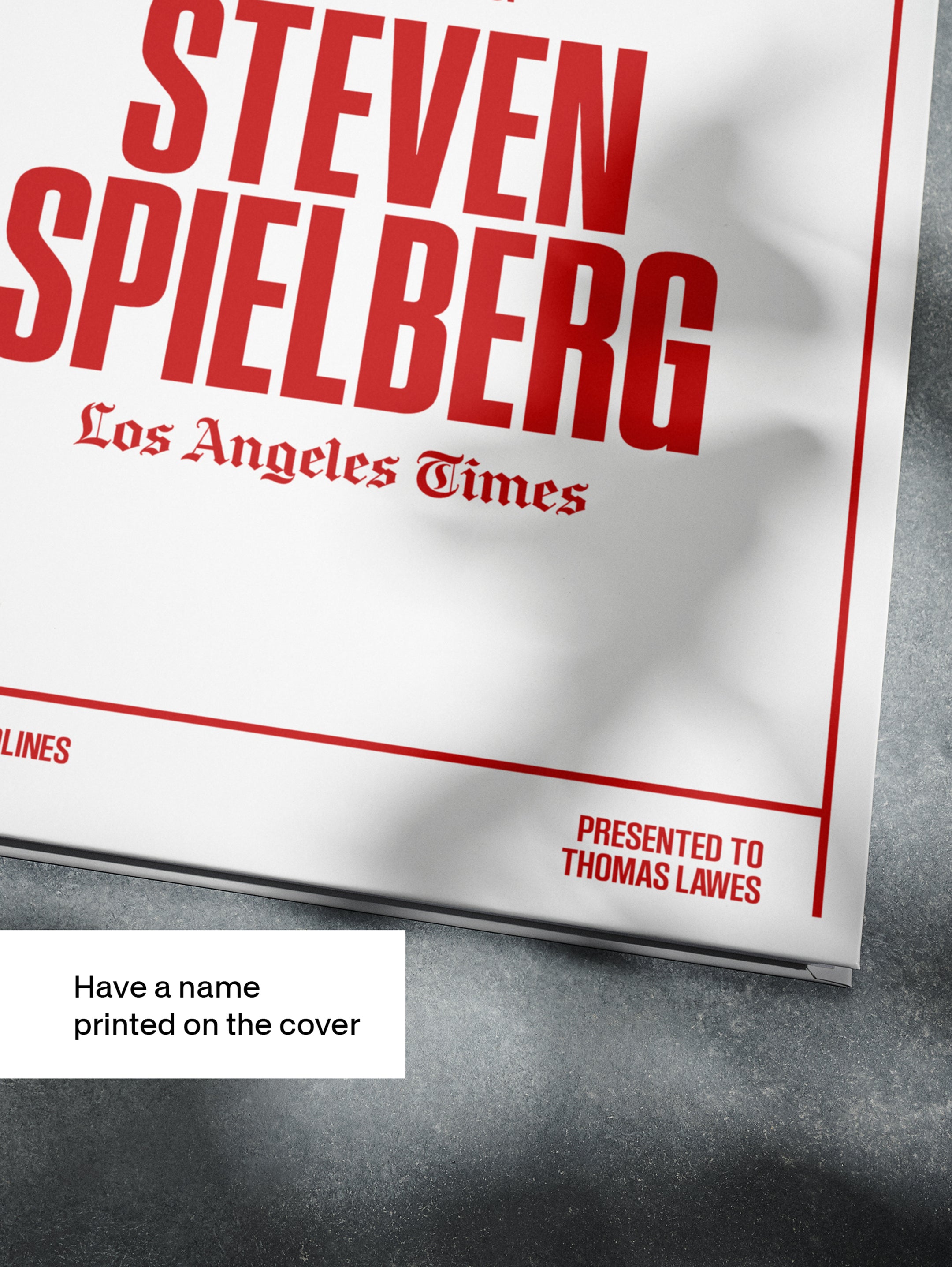 Historic Newspapers POD book titled "The Story of Steven Spielberg" featuring images related to his film and music career.