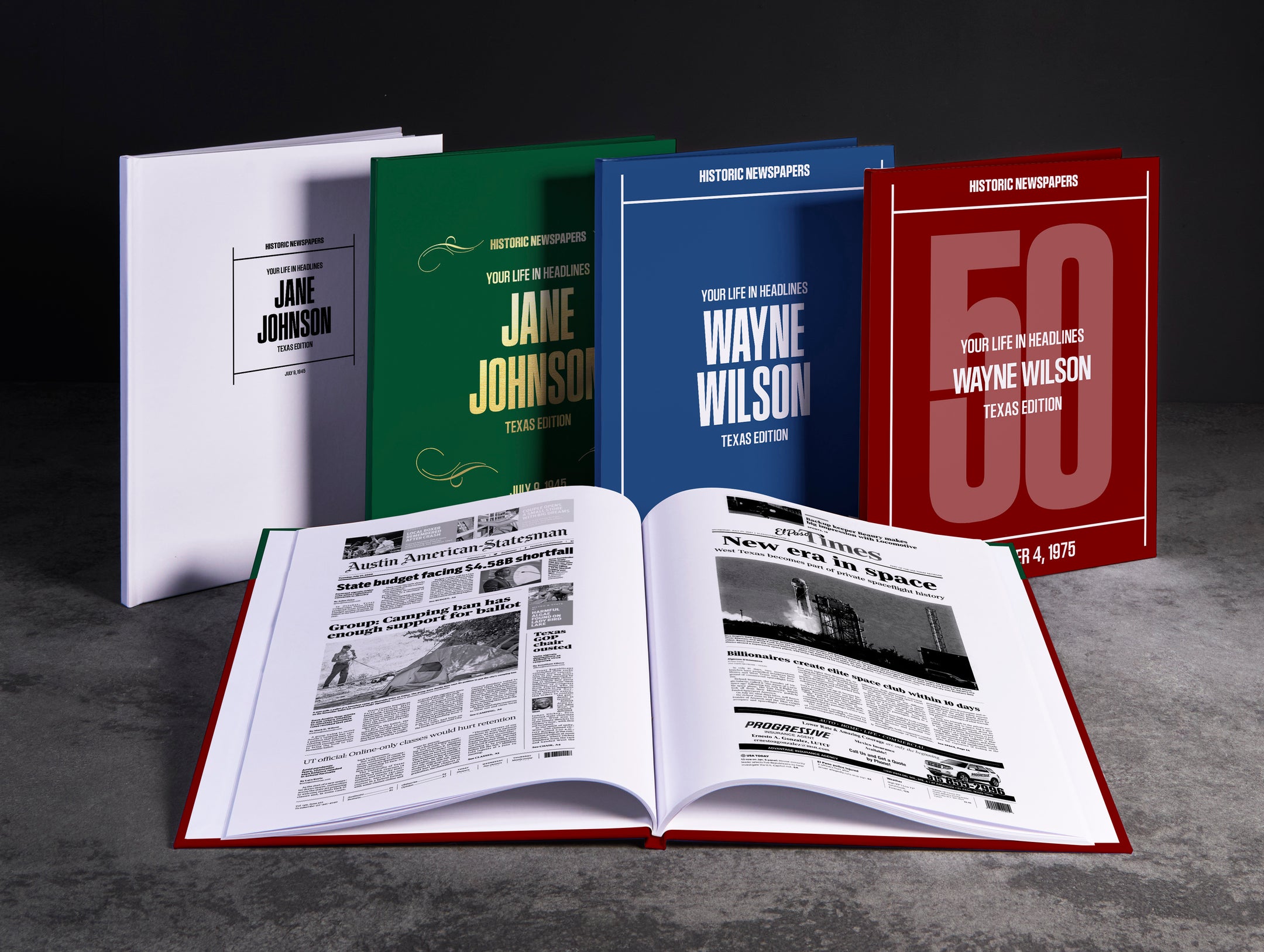 Personalized Texas Birthday Newspaper Book from Historic Newspapers featuring custom history pages and Texas-themed design.