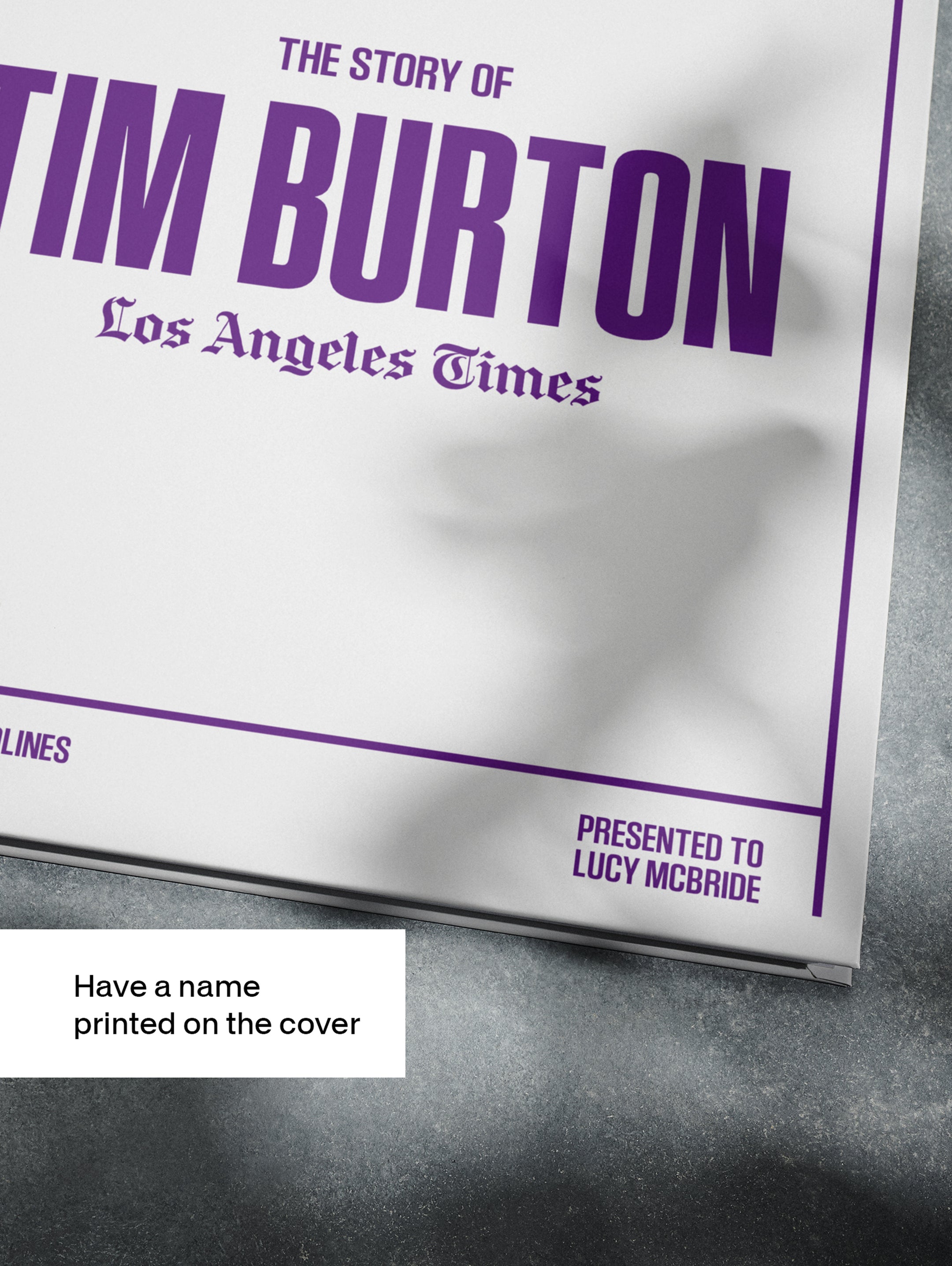POD book titled "The Story of Tim Burton" by Historic Newspapers, featuring a Los Angeles Times edition with Tim Burton on the cover.