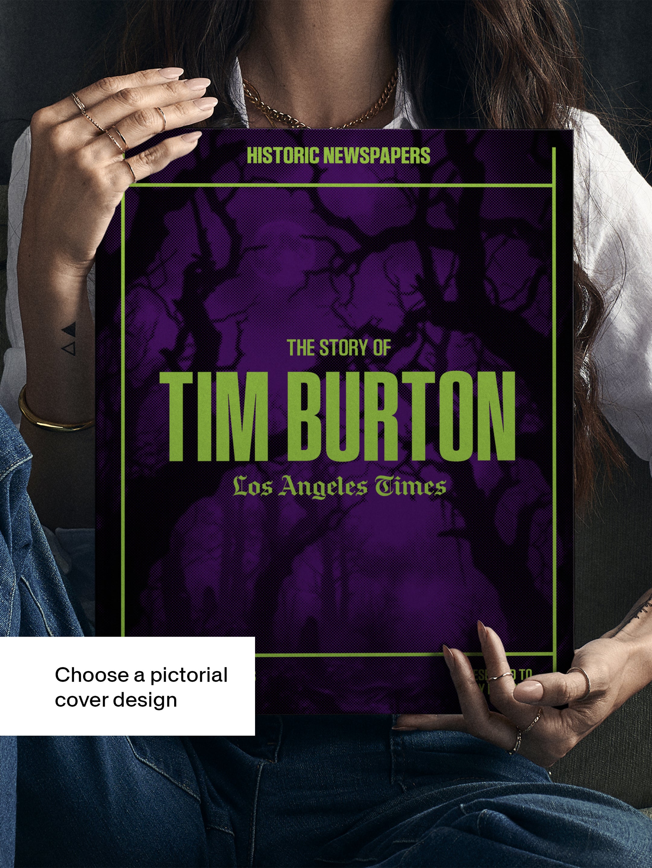 The Los Angeles Times edition featuring Tim Burton on the cover, a POD book by Historic Newspapers with a purple-themed newspaper image.