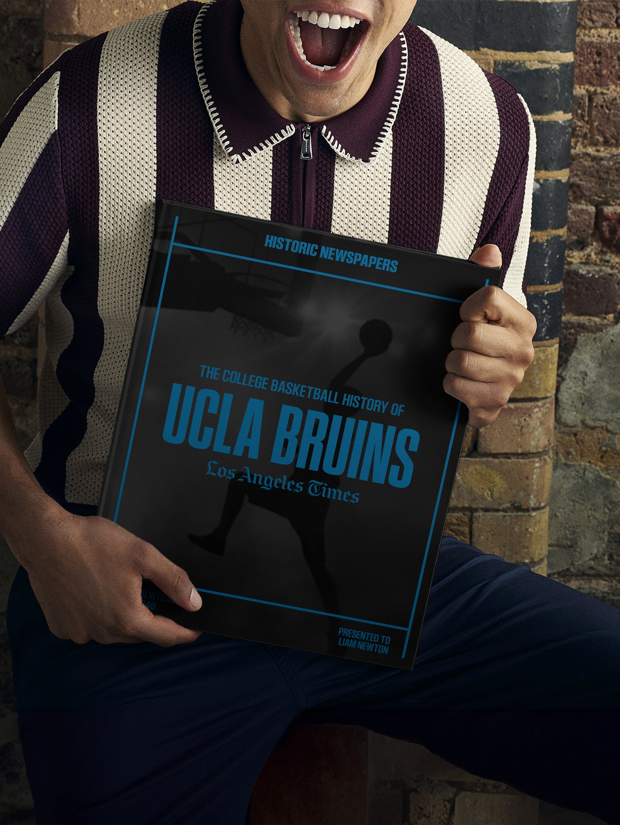 UCLA Bruins college basketball history book by Historic Newspapers, featuring a black-and-white cover image of the Los Angeles Times edition.