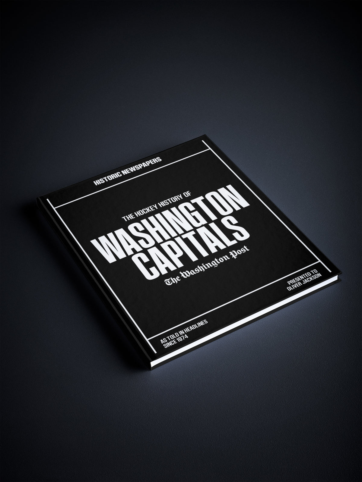 Black and white POD book cover titled "The Hockey History of Washington Capitals" by Historic Newspapers, featuring hockey images and text.