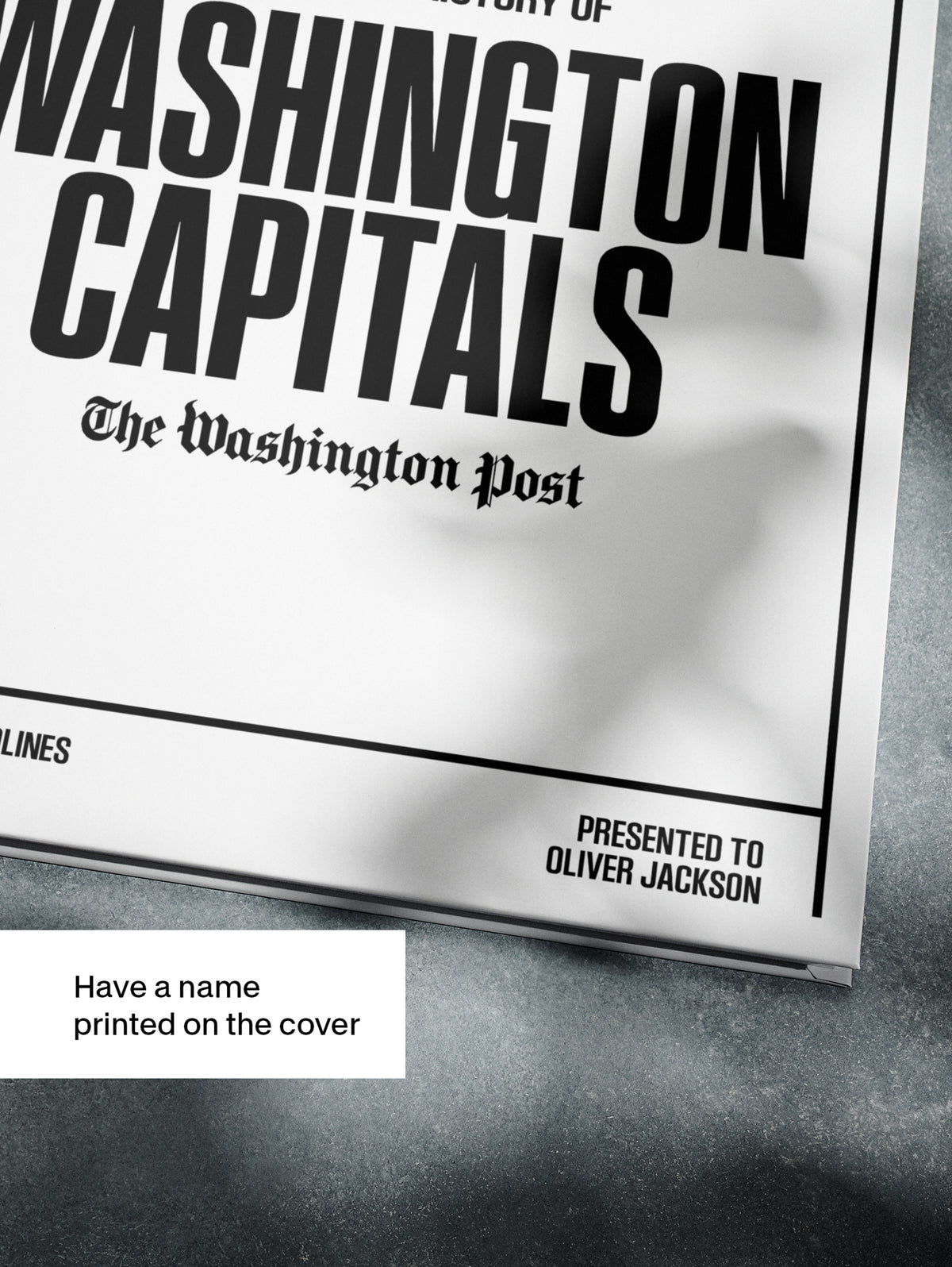 Historic Newspapers POD book titled "The Hockey History of Washington Capitals" with vintage Washington Post hockey newsprint pages.