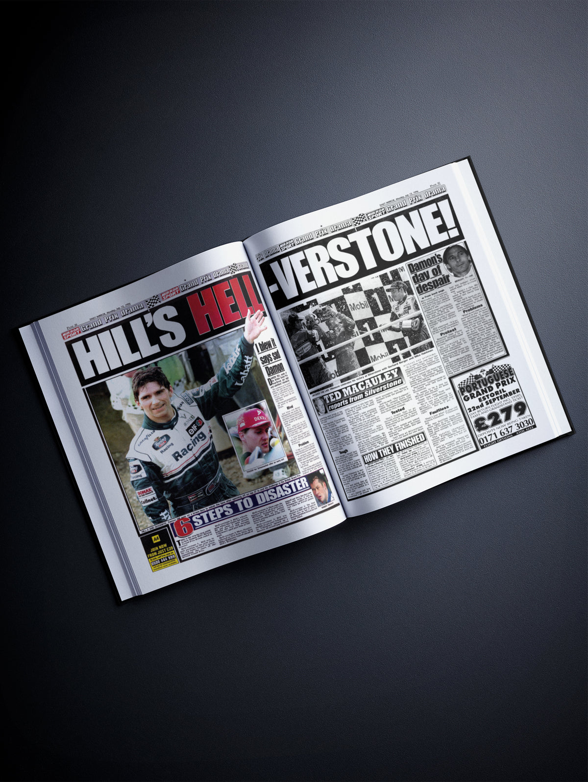 The Formula 1 History of Williams POD book by Historic Newspapers, featuring a black cover and images related to Williams F1 racing.