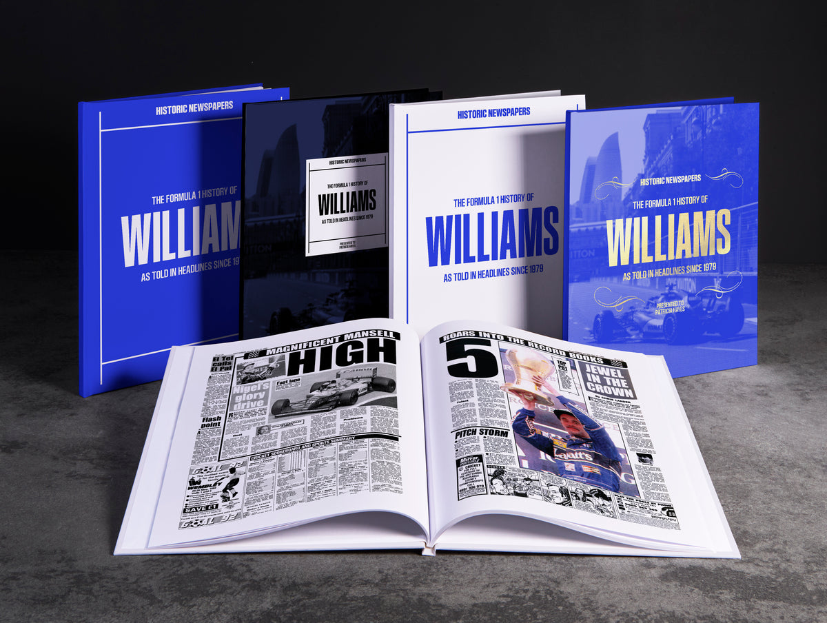 A group photo of Williams Formula 1 cars from the history of Williams POD book by Historic Newspapers
