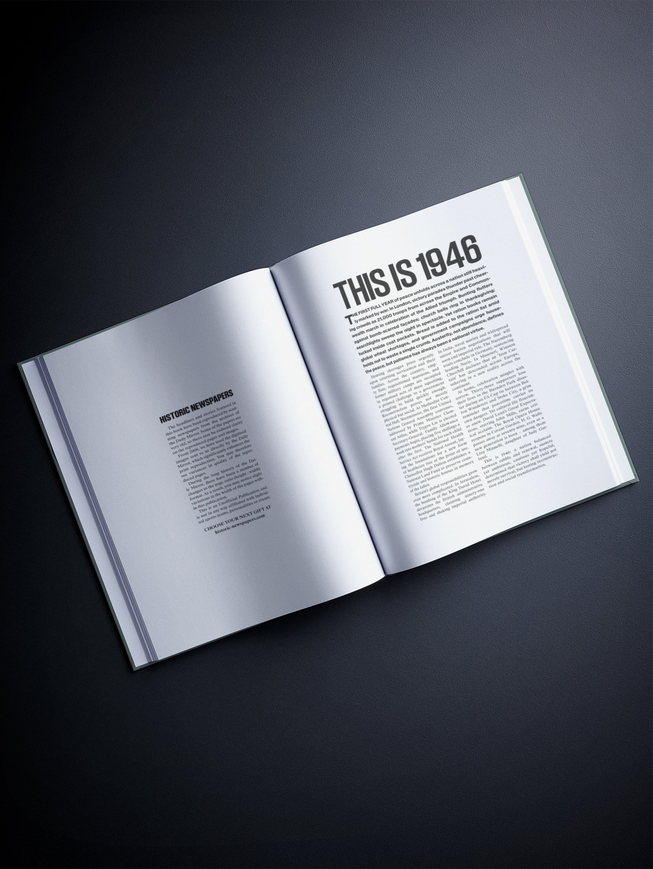 Open copy of Your Year in Headlines 1946 POD book by Historic Newspapers, showing historic newspaper headlines from 1946.