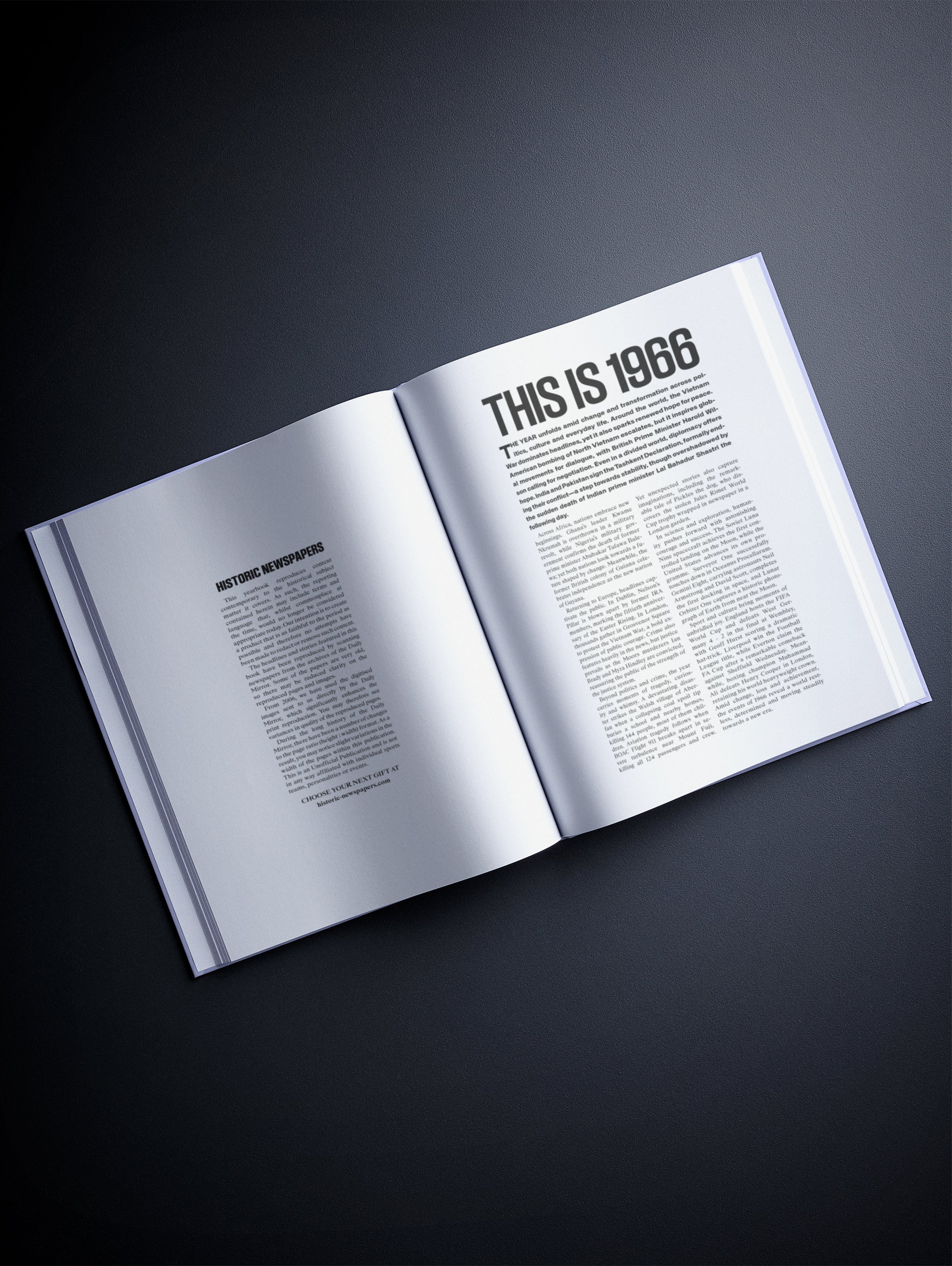Open page from Your Year in Headlines 1966 POD book by Historic Newspapers, showcasing historic newspaper headlines from 1966.