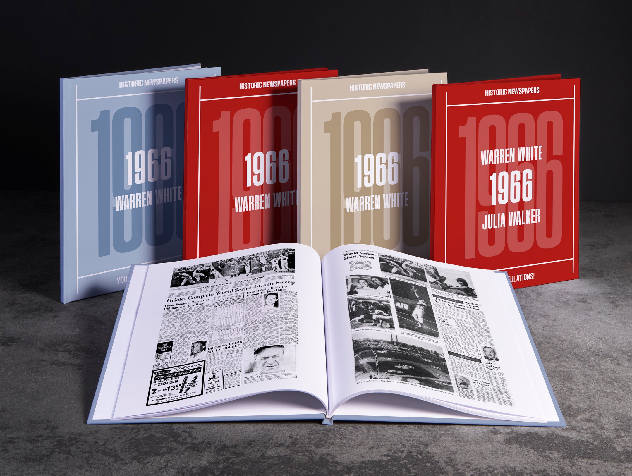 Open copy of Your Year in Headlines 1966 US Edition POD book by Historic Newspapers with newspaper clippings on pages.