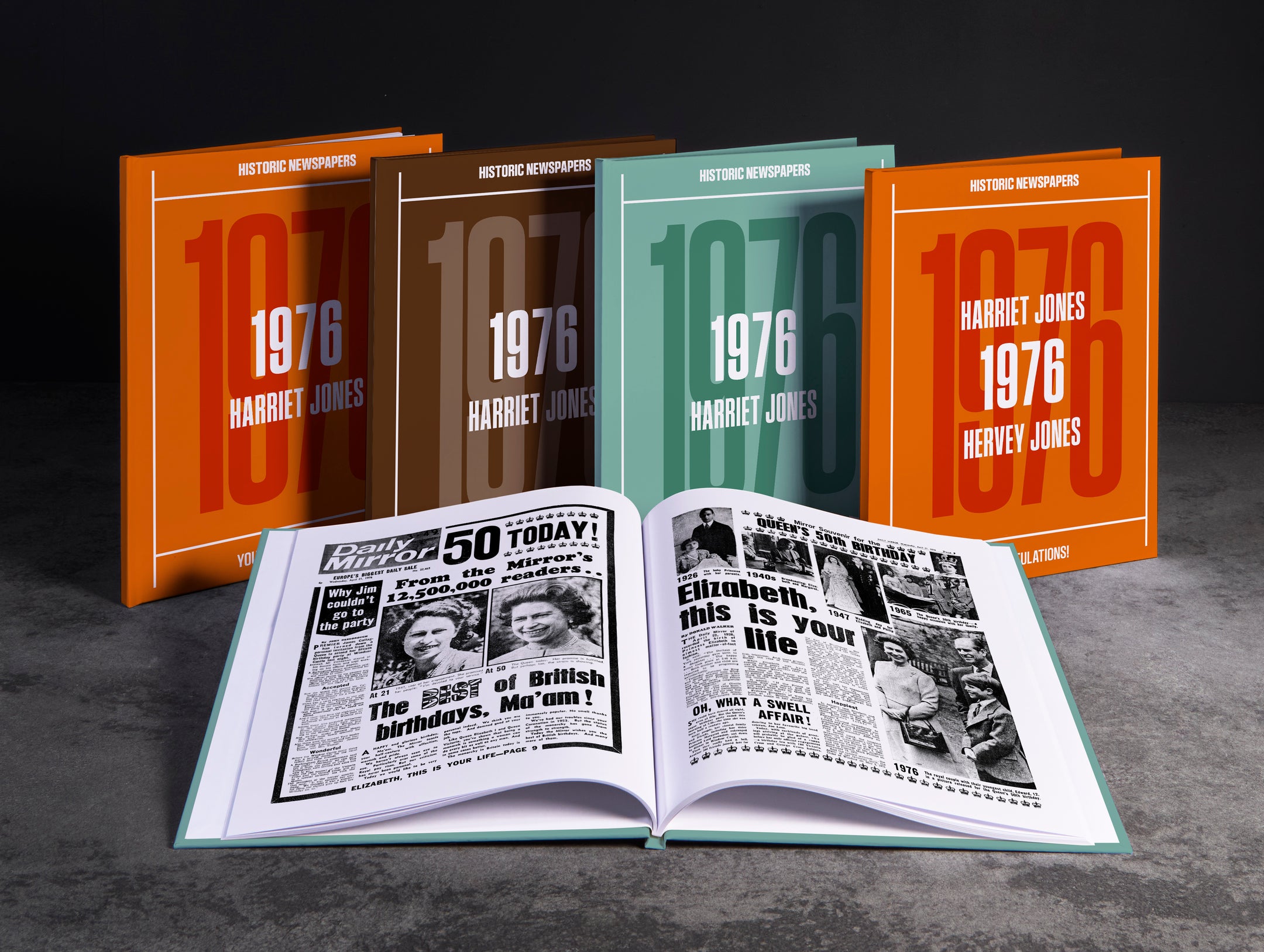 Cover image of "Your Year in Headlines 1976" by Historic Newspapers, featuring a vintage newspaper collage on a POD book.