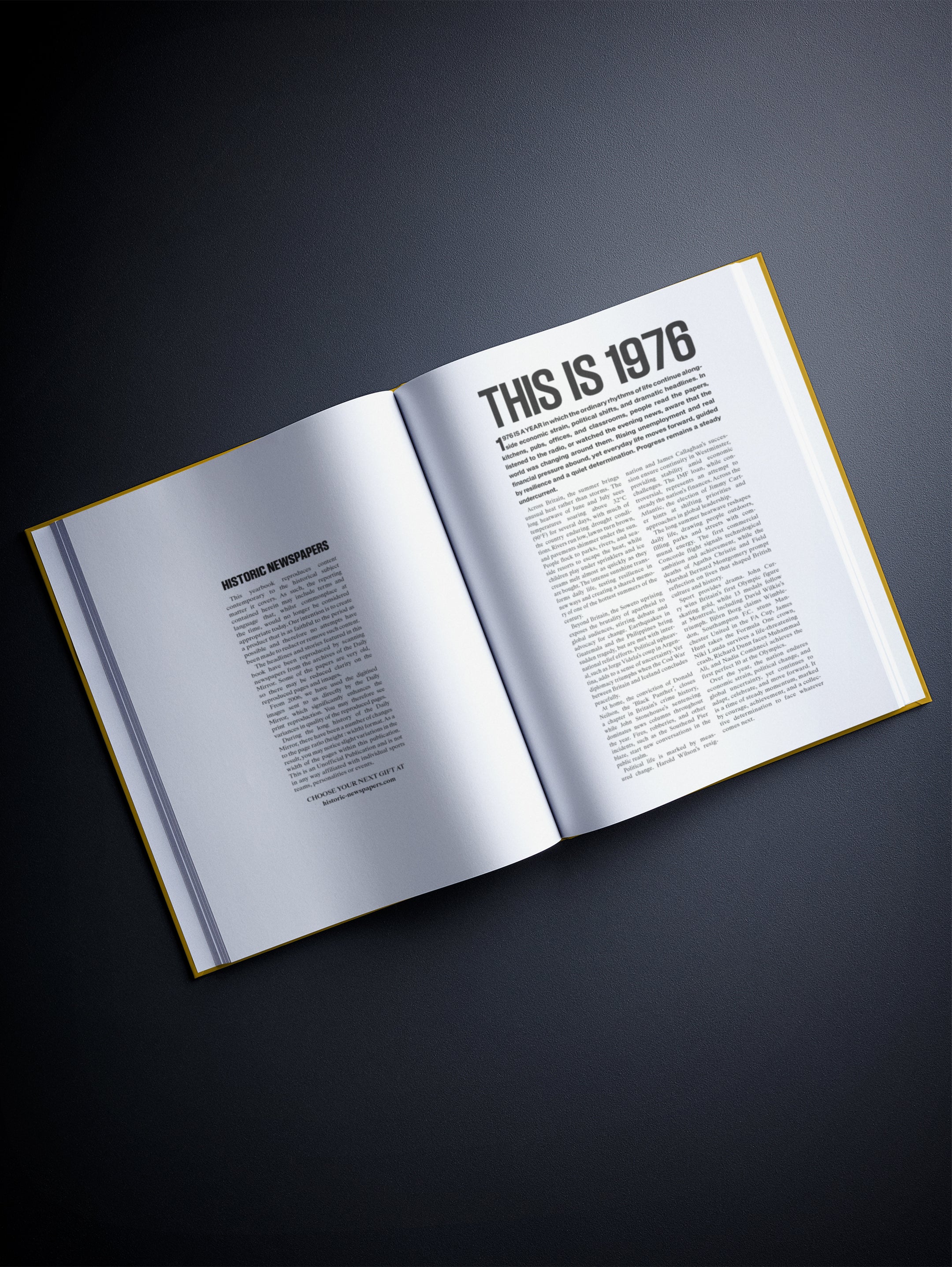 Open copy of Your Year in Headlines 1976 hardcover book by Historic Newspapers showing newspaper spreads from 1976.