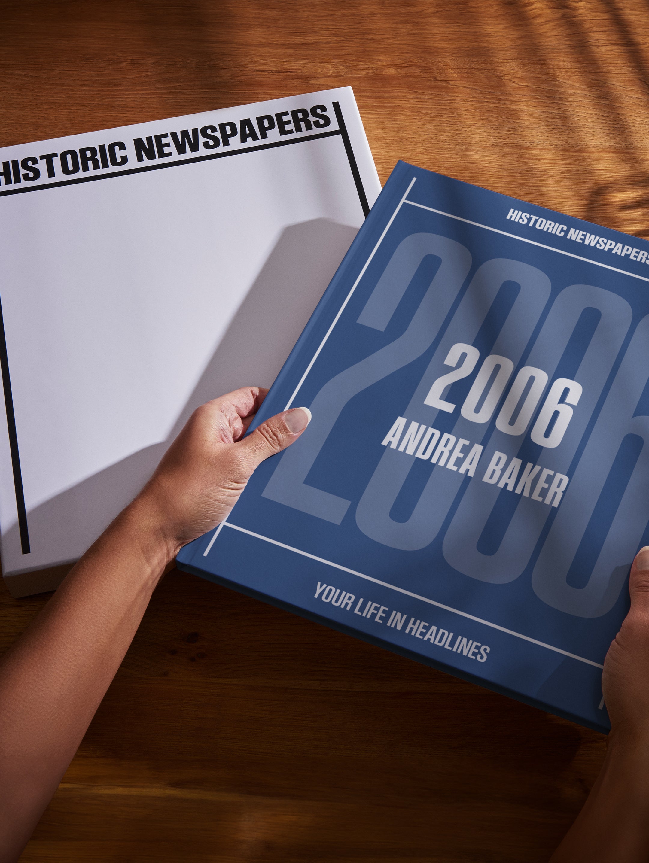 Blue gift box containing "Your Year in Headlines 2006" US Edition POD book by Historic Newspapers, featuring notable headlines from 2006.