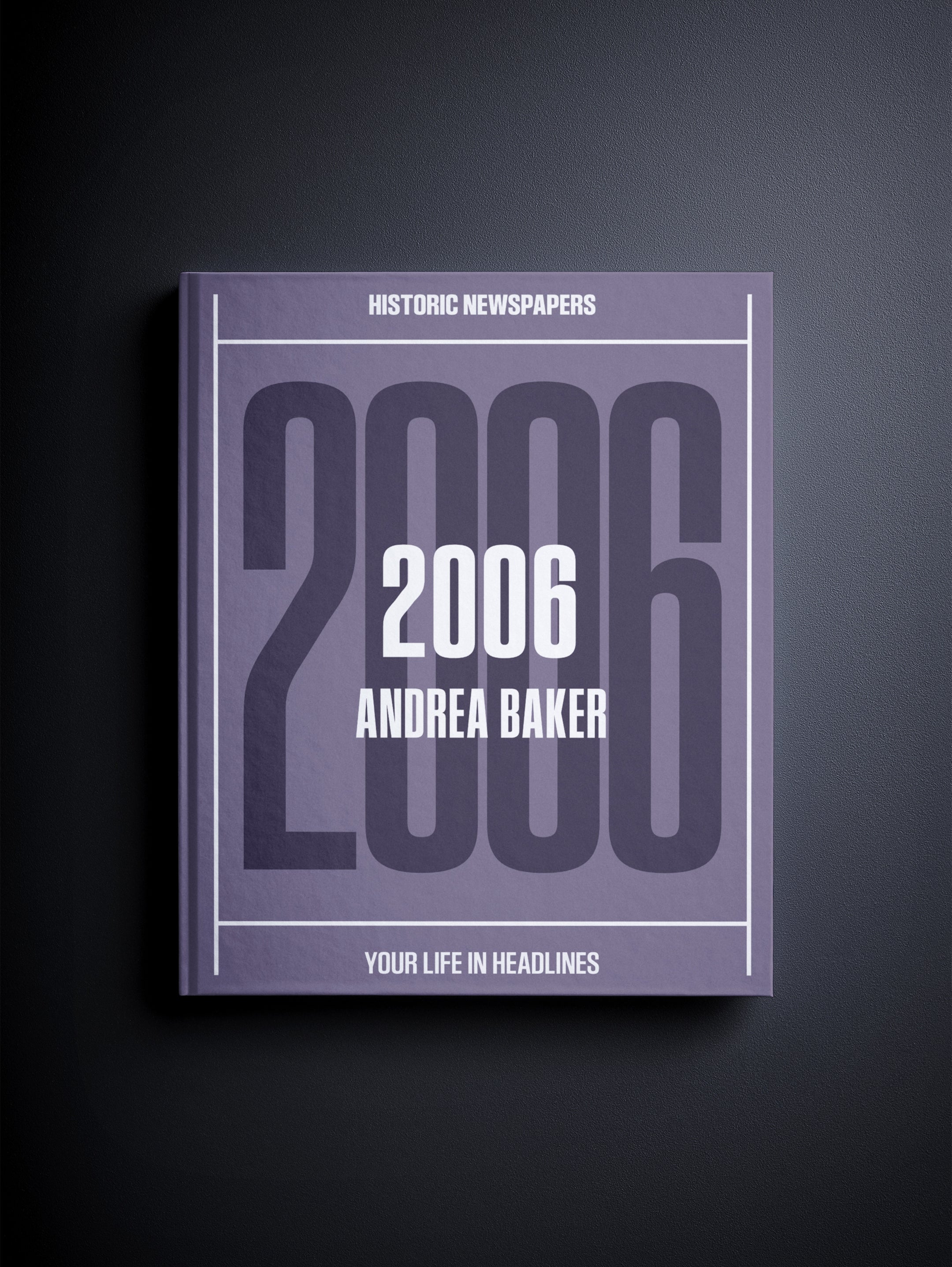 POD book titled "Your Year in Headlines 2006" by Historic Newspapers, featuring a purple cover with headlines from 2006.