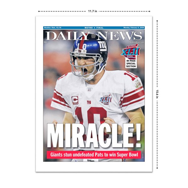 miracle - giants win superbowl historical newspaper front page reprint