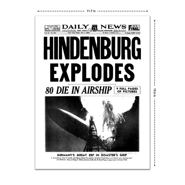 Hindenburg explosion 80 dead historical newspaper front page reprint