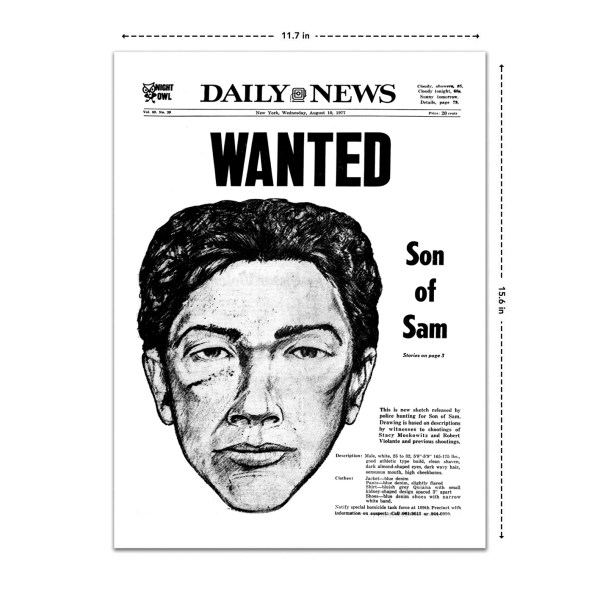 wanted - son of sam historical newspaper front page reprint